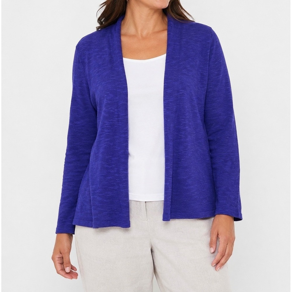 Eileen Fisher Organic Linen Cotton Slub Open Front Cardigan Purple Blue Large